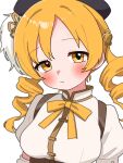  1girl black_hat blonde_hair blush breasts closed_mouth drill_hair hair_ornament haru_maron hat highres long_hair looking_at_viewer mahou_shoujo_madoka_magica medium_breasts neck_ribbon ribbon shirt simple_background solo tomoe_mami twin_drills upper_body white_background white_shirt yellow_eyes yellow_ribbon 