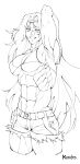  abs armpits banana_brush breasts denim denim_shorts eyewear_on_head hand_on_own_hip highres lineart long_hair muscular non-web_source original shorts triceps 