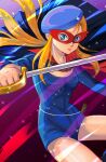  1girl absurdres artist_name beret black_cape blonde_hair blue_hat blue_leotard breasts cape cleavage closed_mouth commentary covered_navel eye_mask hat highres holding holding_sword holding_weapon la_seine_no_hoshi leotard long_hair looking_at_viewer miz_mus rapier sidelocks simone_(la_seine_no_hoshi) skin_tight small_breasts solo sparkle sword thighs twitter_username weapon 