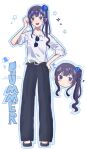  1girl ado_(utaite) belt black_belt black_hair black_pants blue_eyes blue_flower blue_outline blue_rose chando_(ado) commentary dress_shirt english_text flower full_body hair_flower hair_ornament hayakawasakushiido highres long_hair looking_at_viewer mole mole_under_eye one_side_up open_mouth outline pants rose shirt simple_background sleeves_rolled_up solo three-quarter_sleeves utaite white_background white_shirt 
