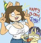2020 absurd_res ambiguous_gender anthro barely_visible_nipples beanie big_breasts birthday blue_background blue_eyes breasts brown_hair canid canine canis cleavage clothed clothed_anthro clothed_female clothing digital_drawing_(artwork) digital_media_(artwork) domestic_dog duo english_description english_text exposure_variation eyewear female fur furgonomic_beanie generation_1_pokemon gesture glasses hair hand_gesture hat headgear headwear hi_res jinu_(character) june_(jinu) looking_at_viewer male_(lore) mammal meowth nintendo nipples one_eye_closed open_mouth open_smile party_hat pokemon pokemon_(species) shiba_inu shirt simple_background smile spitz sssir8 t-shirt tan_body tan_fur text text_on_clothing text_on_t-shirt text_on_topwear topwear translucent translucent_clothing translucent_shirt translucent_t-shirt translucent_topwear v_sign wearing_glasses wink winking_at_viewer