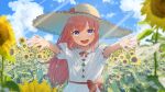  1girl :d amai_raspberry blue_sky blurry cloud club_(shape) commentary_request depth_of_field diamond_(shape) dress field flower flower_field hair_between_eyes hara_kenshi hat heart long_hair looking_at_viewer multicolored_eyes official_art pink_hair purple_eyes razz_production second-party_source sky smile solo spade_(shape) sparkle straw_hat sunflower sunflower_field teeth tongue upper_teeth_only white_dress 