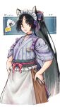 1girl :d apron arknights black_choker black_hair black_sash brown_skirt character_name choker cropped_legs facial_mark food forehead_mark grey_kimono hands_on_own_hips highres japanese_clothes kimono koke_(kocketmonster) long_hair looking_at_viewer maid_headdress onigiri open_mouth parted_bangs partially_translated ponytail saga_(arknights) sash short_kimono short_sleeves skirt smile solo standing translation_request waist_apron white_apron white_background yellow_eyes 
