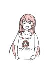  1girl ^_^ bang_dream! bang_dream!_it&#039;s_mygo!!!!! blush chihaya_anon closed_eyes commentary fang highres long_hair nagasaki_soyo open_mouth pink_hair shibadooog shirt simple_background solo upper_body white_background white_shirt yuri 
