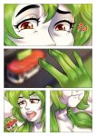 anthro arinadler blurred_background breasts close-up comic eating_vehicle female gardevoir generation_3_pokemon green_body green_hair hair hi_res holding_car long_hair macro multicolored_body narrowed_eyes neck_bulge nintendo nude open_mouth orchid_(pelleelle) pokemon pokemon_(species) question_mark red_eyes size_difference solo squint vore white_body
