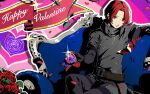  1boy artist_request belt belt_buckle black_belt black_jacket buckle flower gloves grin happy_valentine holding jacket long_sleeves looking_at_viewer male_focus official_art persona persona_5 persona_5:_the_phantom_x petals red_eyes red_flower red_gloves red_hair red_rose rose short_sleeves sitting smile solo third-party_source valentine wonder_(p5x) 