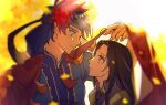  2boys black_hair blue_eyes blue_hair eye_contact facial_mark fire_emblem fire_emblem:_path_of_radiance fire_emblem_heroes forehead_mark headband highres ike_(fire_emblem) ike_(valentine)_(fire_emblem) iki_516 long_hair looking_at_another male_focus multiple_boys official_alternate_costume red_eyes short_hair soren_(fire_emblem) soren_(valentine)_(fire_emblem) yaoi 