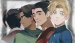  1girl 3boys albert_brudzewski_(chi.) bags_under_eyes black_eyes black_hair blonde_hair blue_eyes blue_jacket brown_vest chi.:_chikyuu_no_undou_ni_tsuite dark-skinned_female dark_skin draka_(chi.) from_behind gold_buttons green_scarf hair_pulled_back jacket looking_at_viewer multiple_boys oczy paruteko profile rafal_(chi.) red_vest scarf shirt signature vest white_shirt 