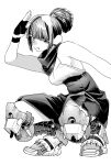  1girl absurdres arm_out_of_frame bandana blunt_bangs breasts closed_mouth fingerless_gloves gavucchi gloves greyscale hand_up high-waist_skirt highres looking_at_viewer mechanical_legs medium_breasts monochrome original ponytail shirt short_hair short_ponytail sidelocks simple_background skirt sleeveless sleeveless_shirt solo squatting tongue tongue_out white_background 