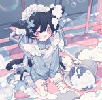  1boy animal_ear_fluff animal_ears apron arms_between_legs bandaid bandaid_on_leg black_hair blue_jacket blush bubble bucket cat_boy cat_ears cat_tail checkered_floor commentary crossdressing dated fang frilled_thigh_strap full_body gauze gauze_on_leg hair_between_eyes hair_ornament highres jacket jersey_maid leg_warmers maid maid_apron maid_headdress male_focus male_maid open_mouth original ozureiji red_eyes shoes short_hair sitting skin_fang smile sneakers soap_bubbles solo spill sweat symbol-only_commentary tail thigh_strap track_jacket tsurime unconventional_maid v_arms wariza white_apron white_leg_warmers white_shoes x_hair_ornament zipper zipper_pull_tab 