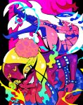  2girls absurdres bracelet breasts cleavage cosplay frye_(splatoon) highres inkling jewelry kneesocks_(psg) kneesocks_(psg)_(cosplay) large_breasts multiple_girls octoling panty_&amp;_stocking_with_garterbelt parody scanty_(psg) scanty_(psg)_(cosplay) sharp_teeth shiver_(splatoon) smile sorenjj spiked_bracelet spikes splatoon_(series) teeth tentacle_hair undressing 