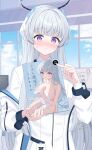  1girl blue_archive blush book breasts cleavage commentary_request embarrassed highres holding holding_book jacket kurumi_lm large_breasts long_hair naked_towel noa_(blue_archive) parted_lips purple_eyes shirt sidelocks sitting solo towel translation_request upper_body white_hair white_jacket white_shirt 