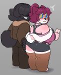 2025 5_fingers absolute_territory anthro badger big_breasts black_body black_fur black_hair blush bottomwear breasts butt butt_grab canid canine canis choker clothed clothing coat domestic_dog douglas_(noahdoesart) dress duo emanata eyewear female fingers freckled_face freckles fur glasses hair hair_over_eyes hand_on_butt hi_res holding_object jacket jewelry male male/female mammal markings mole_(marking) mustelid musteline necklace noahdoesart nuggy_(anaugi) pants pink_body pink_fur ponytail rectangular_glasses red_hair simple_background standing star_eyes starry_eyes tail toeless_legwear toeless_stockings toothy_grin topwear trans_(lore) trans_woman_(lore)