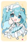  1girl ahoge aqua_eyes aqua_hair aqua_skirt blush bow chibi dress hair_between_eyes hair_bow hair_ornament hatsune_miku hiramado_miku kowareta_sekai_to_utaenai_miku long_hair long_sleeves looking_at_viewer notice_lines official_alternate_costume official_alternate_hairstyle open_mouth orange_background pleated_skirt project_sekai reaching reaching_towards_viewer simple_background skirt smile solo spoilers thighhighs twintails very_long_hair white_bow white_dress white_thighhighs wide_sleeves x_hair_ornament yuni_(irohasuiroiro) 
