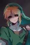  1boy 779762391_(lofter) antenna_hair ben_drowned black_background black_sclera blonde_hair blue_gloves chinese_commentary colored_sclera commentary_request creepypasta facing_viewer fingerless_gloves gloves green_hat green_shirt grin hand_up hat highres layered_sleeves link long_sleeves looking_to_the_side male_focus pointy_ears red_eyes shirt short_hair short_over_long_sleeves short_sleeves simple_background smile the_legend_of_zelda upper_body white_shirt 