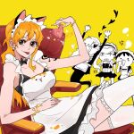  1girl 3boys anger_vein animal_ears apron bangle bare_shoulders black_bow black_bowtie black_dress bow bowtie bracelet breasts brown_eyes cat_ears collarbone crossdressing dress earrings english_commentary fake_animal_ears feet_out_of_frame frilled_headband gold_bracelet guaguapiu headband heart highres holding holding_heart jewelry large_breasts long_hair looking_at_viewer maid maid_apron maid_headdress monkey_d._luffy multiple_boys nami_(one_piece) one_piece orange_hair pearl_earrings roronoa_zoro sanji_(one_piece) scar scar_across_eye scar_on_cheek scar_on_face shoulder_tattoo single_sidelock sitting sleeveless sleeveless_dress tattoo thighhighs tongue tongue_out white_apron white_headband white_thighhighs yellow_background 