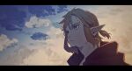  1boy adam&#039;s_apple blonde_hair blue_eyes cape closed_mouth cloud cloudy_sky earrings floating_hair frown highres jewelry letterboxed link long_pointy_ears looking_ahead male_focus piercing pointy_ears ponytail red_cape sanpaku short_ponytail single_earring sky solo teto_ten the_legend_of_zelda the_legend_of_zelda:_breath_of_the_wild 