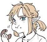  1boy :t blonde_hair blue_eyes blush chewing collarbone commentary donut earrings food food_on_face holding holding_donut holding_food jewelry link long_pointy_ears looking_at_viewer male_focus parted_bangs piercing pointy_ears ponytail shirt short_ponytail simple_background single_earring solo symbol-only_commentary teto_ten the_legend_of_zelda the_legend_of_zelda:_breath_of_the_wild upper_body white_background white_shirt 