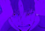 1boy commentary_request dandadan earrings enjoji_jin gaia_file hand_on_own_head highres jewelry male_focus parted_bangs portrait purple_theme shirt short_hair solo sweat teeth uneven_eyes very_sweaty 