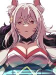  1girl animal_ear_fluff animal_ears breasts cleavage colored_eyelashes fox_ears highres japanese_clothes long_hair looking_at_viewer medium_breasts mole mole_under_eye parted_lips princess_connect! red_eyes rokico senri_mana_(princess_connect!) solo straight-on white_hair 