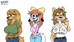 2018 absurd_res accessory anthro artist_name big_breasts blue_bottomwear blue_clothing blue_eyes blue_jeans blue_pants bottomwear bow_ribbon breasts brown_body brown_fur brown_hair buckteeth byrapp canid canine canis centered_hair_bow cleavage closed_smile clothed clothed_anthro clothed_female clothing collar collarbone dated denim denim_bottomwear denim_clothing digital_drawing_(artwork) digital_media_(artwork) domestic_dog english_description english_text eyebrow_through_hair eyebrows female fur gesture green_clothing green_shirt green_t-shirt green_topwear group hair hair_accessory hair_bow hair_ribbon half-length_portrait hand_gesture heart_symbol hi_res holly_applebee hunting_dog jeans june_(jinu) looking_at_viewer mabel_(cherrikissu) mammal mother_(lore) mouth_closed one_eye_closed open_mouth open_smile orange_eyes pants parent_(lore) pink_clothing pink_sweater pink_topwear portrait ribbons saluki shiba_inu shirt sighthound simple_background smile spitz sweater t-shirt tail tan_body tan_fur teeth text text_on_t-shirt tongue tongue_out toony topwear translucent translucent_hair trio v_sign white_background white_body white_clothing white_fur white_shirt white_t-shirt white_topwear wink winking_at_viewer yellow_eyes yellow_hair_bow