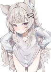  1girl animal_ears bent_over cat_ears cat_girl cat_tail commission expressionless grey_hair hanakonenne highres long_hair long_sleeves looking_at_viewer no_pants original panties panty_pull purple_eyes see-through_silhouette shirt tail underwear very_long_hair white_panties white_shirt 