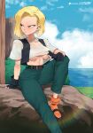  1girl android_18 artist_name belt blonde_hair blue_eyes blue_sky breasts cloud cloudy_sky commentary denim_vest dragon_ball dragon_ball_z earrings english_commentary fingerless_gloves flytrapxx frown gloves highres horizon hot jewelry knee_up lens_flare medium_breasts midriff necklace orange_socks outdoors pants patreon_username rainbow shirt_tug short_hair sitting sky socks solo sweat underboob water 