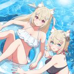  2girls animal_ear_fluff animal_ears bikini black_bikini blonde_hair blue_eyes blue_nails blush breasts cleavage collarbone dog_ears dog_girl frilled_bikini frills fuwawa_abyssgard hair_between_eyes hair_ornament hololive hololive_english large_breasts long_hair looking_at_viewer mococo_abyssgard multiple_girls open_mouth pink_eyes pink_nails short_hair siblings sisters smile swim_ring swimsuit twins user_ckjz8743 white_bikini x_hair_ornament 