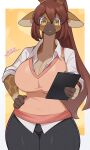 2025 3:5 absurd_res anthro arumo big_breasts bottomwear breasts brown_body brown_eyes brown_fur brown_hair cleavage clothed clothing collarbone eyebrows eyelashes eyewear female fur giraffe giraffid glasses hair hand_on_hip hi_res huge_breasts mammal pants ponytail shirt solo thick_thighs topwear vest wide_hips