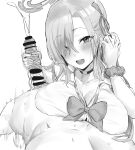  1boy 1girl absurdres asuna_(blue_archive) bangs blue_archive blush bow bowtie breasts censored choker cleavage collarbone collared_shirt cum ejaculation erection greyscale hair_over_one_eye hair_tucking hairjob halo handjob hetero highres hotate-chan large_breasts long_hair looking_at_viewer monochrome open_mouth penis school_uniform scrunchie shirt sleeves_rolled_up smile wrist_scrunchie 