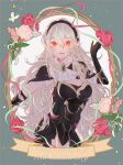  1girl armor armored_leotard black_armor black_hairband blush breasts cape cleavage female_corrin_(fire_emblem) female_corrin_(nohr_noble)_(fire_emblem) fire_emblem fire_emblem_fates fire_emblem_heroes flower gauntlets gloves grey_hair hair_between_eyes hairband highres large_breasts leotard long_hair looking_at_viewer official_alternate_costume open_mouth pointy_ears red_eyes smile solo tamatyan_a very_long_hair white_hair 