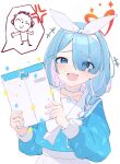  1girl :d anger_vein arona_(blue_archive) barcode blue_archive blue_eyes blue_hair blue_shirt bow bow_hairband choker colored_inner_hair commentary_request doodle_sensei_(blue_archive) fang hairband halo highres holding mesugaki multicolored_hair nosuke_tmg pink_hair red_halo sailor_collar school_uniform sensei_(blue_archive) serafuku shirt simple_background smile solo speech_bubble streaked_hair tongue two-tone_hair whale white_background white_bow white_choker white_hairband white_sailor_collar 