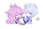  1boy 1girl animal_ear_piercing animal_ears blue_hair chibi chibi_inset chinese_commentary chopsticks closed_eyes closed_mouth coat collared_coat couple detached_sleeves feeding food genshin_impact hair_between_eyes headpiece heart hetero holding holding_chopsticks japanese_clothes jewelry kamisato_ayato light_blush light_smile long_hair long_sleeves open_mouth pendant pink_hair plate short_hair simple_background spoken_heart standing svann sweatdrop table very_long_hair wagashi wavy_mouth white_background white_coat wide_sleeves yae_miko 