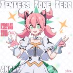  +_+ 1girl dress fingerless_gloves gloves gogono_kirin green_eyes highres looking_at_viewer pink_hair puffy_short_sleeves puffy_sleeves short_sleeves smile solo star_(symbol) twintails two-tone_gloves upper_body v white_dress white_wings wings yutane_johiel zenless_zone_zero 