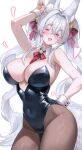  1girl :d absurdres ahoge animal_ear_fluff animal_ears arm_behind_back armpit_crease bell black_leotard breasts brown_pantyhose cleavage covered_navel cowboy_shot detached_collar double-parted_bangs ella_7737 facial_mark fox_ears fox_girl fox_tail hair_bell hair_intakes hair_ornament hand_up highleg highleg_leotard highres huge_breasts indie_virtual_youtuber jingle_bell leotard long_hair looking_at_viewer neck_bell pantyhose playboy_bunny red_eyes red_nails red_ribbon ribbon satsuki_mei_(vtuber) second-party_source simple_background smile solo strapless strapless_leotard tail twintails very_long_hair virtual_youtuber white_background white_hair wrist_cuffs 
