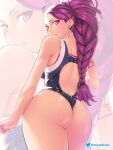  1girl ass blush braid breasts brown_eyes closed_mouth dark_skin earrings english_commentary etchimune facial_mark fire_emblem fire_emblem:_three_houses jewelry long_hair looking_at_viewer one-piece_swimsuit open_mouth petra_macneary purple_hair simple_background smile solo swimsuit very_long_hair 