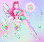  1girl bad_id bad_twitter_id bare_legs bare_shoulders barefoot bead_necklace beads blonde_hair braid chocofish choker closed_mouth clothing_cutout colorful_background commentary double_bun dress earrings elbow_gloves enchantix english_commentary expressionless eyelashes eyeshadow fairy fairy_wings flower frilled_dress frills full_body glitter gloves green_leotard green_wings hair_bun hair_flower hair_ornament highres jewelry leotard lipstick long_hair long_sidelocks looking_at_viewer magical_girl makeup multicolored_hair navel necklace outline paw_print pink_gloves pink_hair pink_lips purple_choker purple_eyes purple_eyeshadow purple_flower reference_sheet roxy_(winx_club) side_braids sidelocks solo sparkle stomach_cutout streaked_hair toes twin_braids two-tone_hair very_long_hair wavy_hair white_outline wings winx_club wisteria 