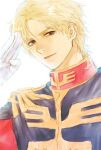  1boy blonde_hair blue_eyes char_aznable epaulettes gundam gundam_gquuuuuux high_collar highres jacket long_sleeves male_focus military_jacket military_uniform mobile_suit_gundam salute short_hair simple_background smile solo takeda_yuuko upper_body white_background 