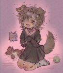  animal_ears ball borrowed_character brown_hair collar dog_ears dog_girl dog_tail drooling fangs flea_(animal) gh0sttnacht highres mole mole_under_eye my_name_is_your_choice original shirt smile socks stuffed_animal stuffed_toy t-shirt tail teddy_bear tennis_ball tongue tongue_out 