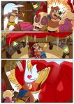 anthro aroused avian backpack banjo-kazooie banjo_(banjo-kazooie) bear belt blush bone bottomwear breasts breegull brown_body brown_fur chair clothed clothing comic convenient_censorship destruction eclipticafusion eyes_popping_out feathers female fire flirting fur furniture group hi_res hut jewelry kazooie lifting_roof macro magic_user male mammal mumbo_jumbo_(banjo-kazooie) necklace rareware red_body red_feathers shaman shorts size_difference skull skull_head slamming surprised_expression throne topless topless_male torch torn_backpack tribal_spellcaster trio ursine waking_up
