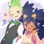  1boy 1girl aqua_background big_hair black_hair black_vest border bow bowtie buttons cilan_(pokemon) collared_shirt dark-skinned_female dark_skin dot_nose dress_shirt eyelashes forehead formal_clothes gradient_background green_bow green_bowtie green_eyes green_hair hairpods happy height_difference high_collar holding_another&#039;s_arm iris_(pokemon) light_blush long_hair long_sleeves notice_lines one_eye_closed open_mouth outline outside_border pokemon pokemon_(anime) pokemon_bw_(anime) purple_background red_eyes round_border serizawa_serizane shirt sleeve_cuffs smile traditional_bowtie twitter_username two_side_up upper_body v-neck very_long_hair vest watermark watermark_grid white_border white_outline white_shirt wide_sleeves yellow_shirt 
