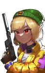  1girl bangs beanie black_gloves blonde_hair canindaeyo closed_mouth cosplay gloves green_headwear gun handgun hat highres holding holding_gun holding_weapon jacket jingburger killjoy_(valorant) killjoy_(valorant)_(cosplay) looking_at_viewer partially_fingerless_gloves portrait red_eyes shirt short_hair simple_background smile solo suppressor valorant virtual_youtuber waktaverse weapon white_background white_shirt yellow_jacket 