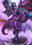  absurd_res android anthro black_body claws detailed_background digitigrade female fingers generation_7_pokemon hi_res machine nintendo plive pokemon pokemon_(species) purple_body reptile robot salazzle scalie smoke synth_(vader-san) thick_tail thick_thighs video_games 