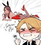  &gt;_&lt; 1boy 1girl ;) animal_ear_hairband animal_ears black_necktie black_vest blonde_hair blush brown_hair cake chibi clenched_teeth collared_shirt cupcake donut elbow_rest fake_animal_ears food food_on_body fork full_body hair_over_shoulder hairband high_heels highres holding holding_fork holding_knife knife leotard lying medium_hair milkshake motion_lines necktie nyotaimori on_ground on_stomach one_eye_closed original par0llel playboy_bunny rabbit_ear_hairband rabbit_ears red_leotard shirt short_hair smile suit sweatdrop teeth upper_body vest white_shirt wrist_cuffs 