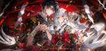  1boy 1girl absurdres bandaged_hand bandaged_wrist bandages black_eyes black_hair black_kimono blood blood_on_hands colyba curly_hair earrings english_text floral_print grey_hair half-closed_eyes hand_up highres holding holding_hands holding_sword holding_weapon japanese_clothes jewelry katana kimono long_hair looking_at_another original parted_lips profile red_eyes sword teeth upper_body watermark weapon 