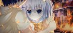 1boy 1girl aged_down blue_eyes blue_hair bow bowtie date_a_live date_a_live:_spirit_pledge fiery_background fire game_cg hair_ornament hairclip hood hoodie house itsuka_shido official_art shirt short_hair short_sleeves third-party_source tobiichi_origami white_hair 