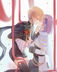  2girls blonde_hair cape glasses green_eyes grey_hair hair_ornament hair_over_one_eye hair_over_shoulder hairclip heaven_burns_red highres imminent_kiss izumi_yuki_(heaven_burns_red) kayamori_ruka kea_(hongsirongxiaodangaohongbeizhong) leg_between_thighs long_hair multiple_girls official_alternate_costume one_eye_covered red_eyes round_eyewear scorpio95715391 short_hair yuri zazoyi1 