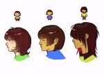  3others blue_sweater blunt_ends blush brown_hair chara_(undertale) closed_mouth colored_skin deltarune ear_piercing facial_hair frisk_(undertale) goatee_stubble green_sweater gwenervi highres hime_cut kris_(deltarune) lips medium_hair multiple_others other_focus pale_skin piercing red_eyes shirt short_hair simple_background smile stubble sweater undertale white_background yellow_skin 
