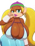  1girl alternate_breast_size blonde_hair bra breasts cleavage donkey_kong_(series) donkey_kong_64 earrings eating food furry green_eyes half-closed_eyes hat headgear holding hoop_earrings jewelry long_hair looking_at_viewer misosouperstar monkey non-web_source outline pants path patterned piercing popsicle purple_hat ring shaking short_twintails solo tiny_kong transparent twintails underwear very_long_hair 