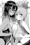  2girls absurdres areola_slip blush breast_press breasts commentary_request competition_swimsuit eyes_visible_through_hair greyscale grin highres hotate-chan large_breasts looking_at_viewer mole mole_on_breast mole_under_eye mole_under_mouth monochrome multiple_girls navel ok_sign one-piece_swimsuit original plump raised_eyebrows smile swimsuit symmetrical_docking translation_request 